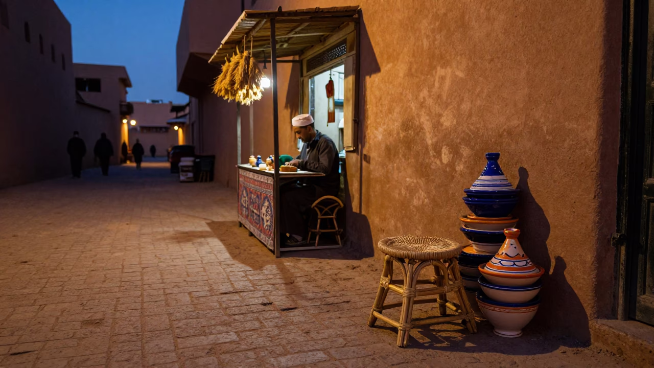 Twilight Street Scene in Marrakech Morocco with Rattan Stool and Straw Hat in in Marrakech, Morocco