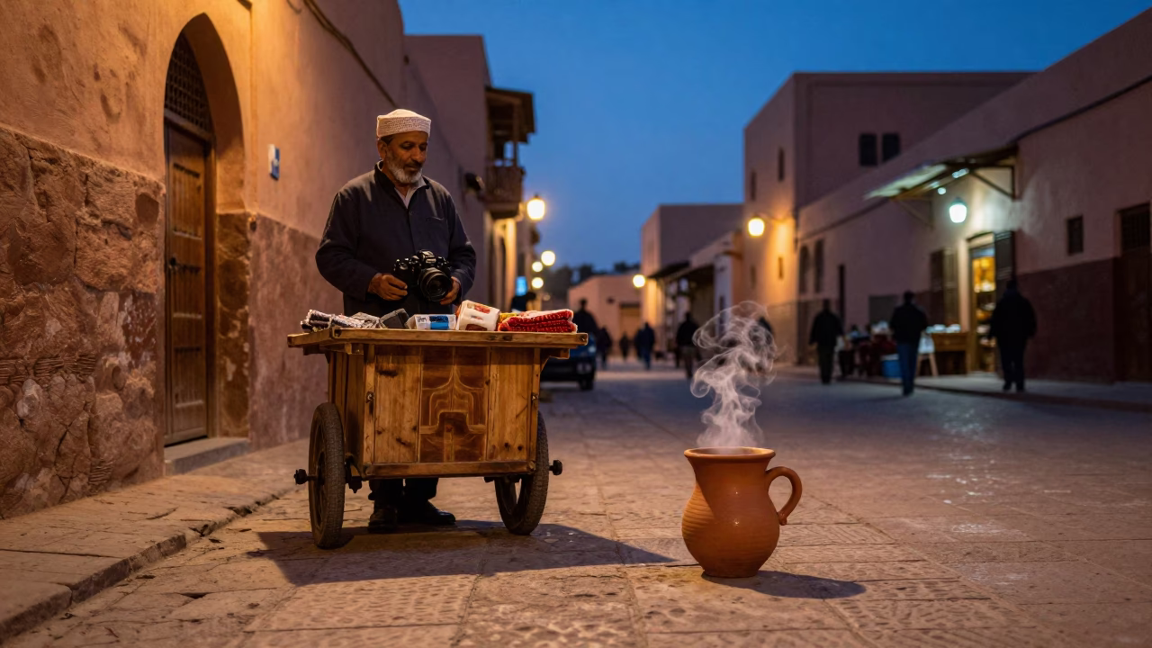 Twilight Street Scene in Marrakech Morocco with Steaming Clay Cup of Masala Chai in in Marrakech, Morocco