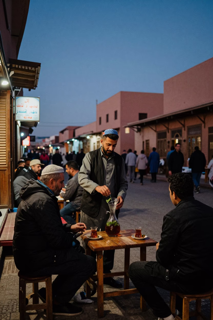 Twilight Street Scene in Marrakech Morocco with Tea Service and Local Commerce in in Marrakech, Morocco