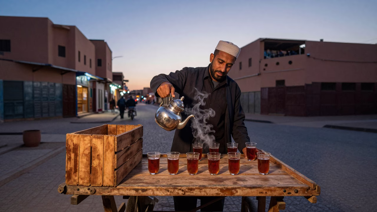 Twilight Street Scene in Marrakech Morocco with Teapot and Wooden Crate in in Marrakech, Morocco