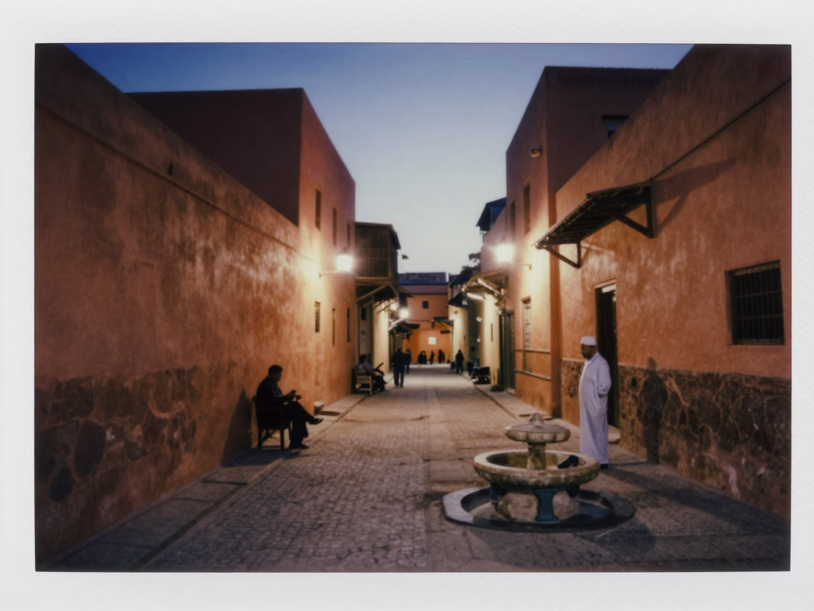 Twilight Street Scene in Marrakech Morocco with Traditional Architecture and Local Life in in Marrakech, Morocco