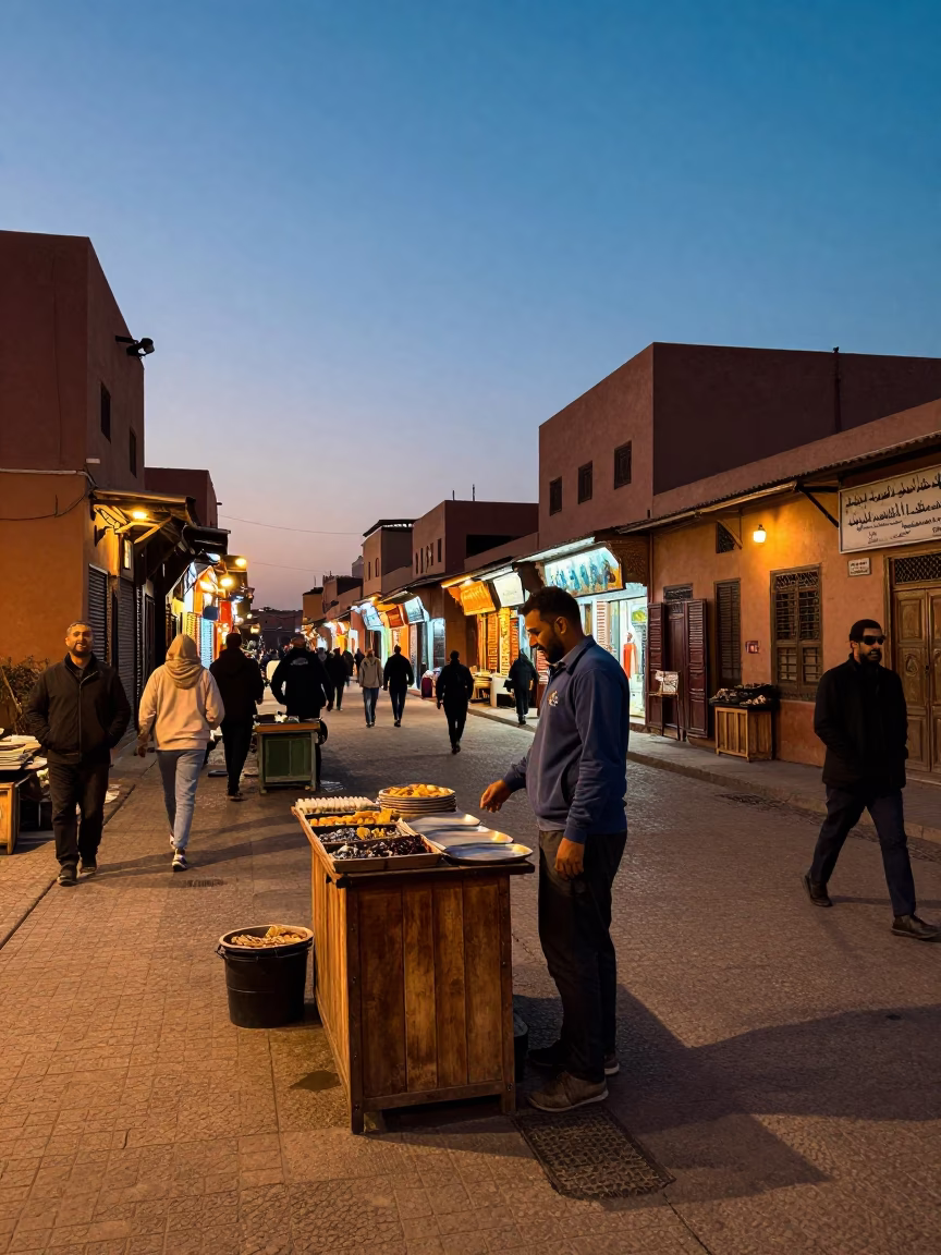 Twilight street scene in Marrakech Morocco with vendor and traditional architecture in in Marrakech, Morocco