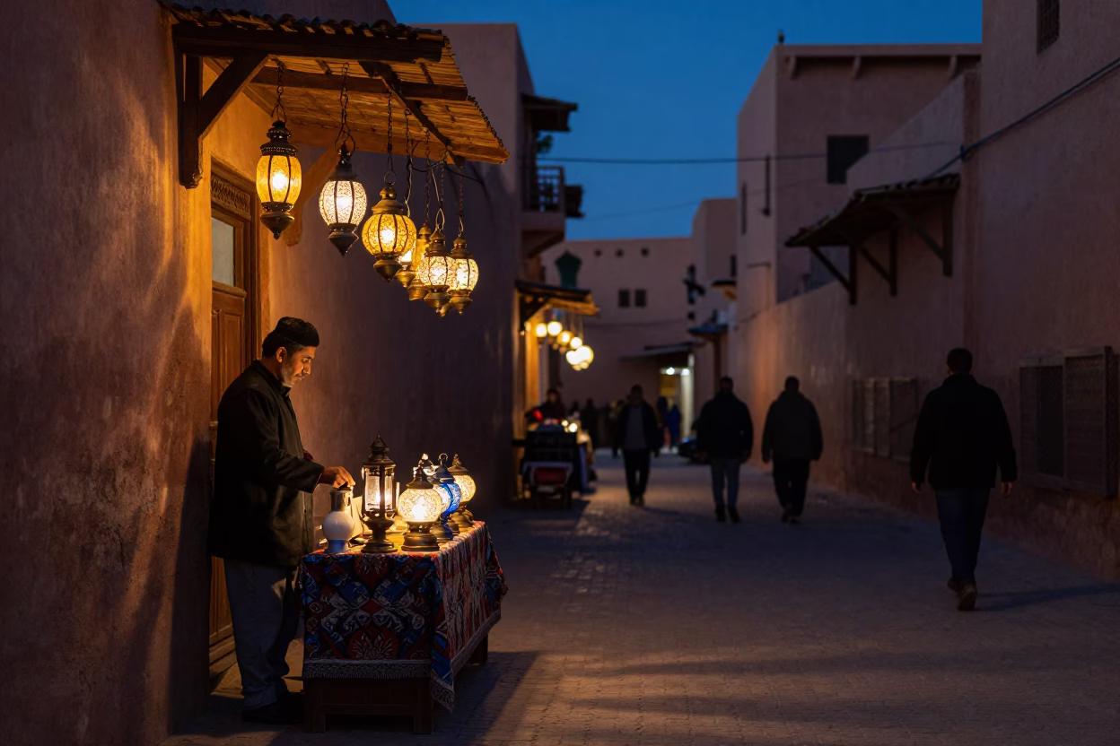 Twilight street scene in Marrakech Morocco with vendor selling oil lamps and glass jars in in Marrakech, Morocco