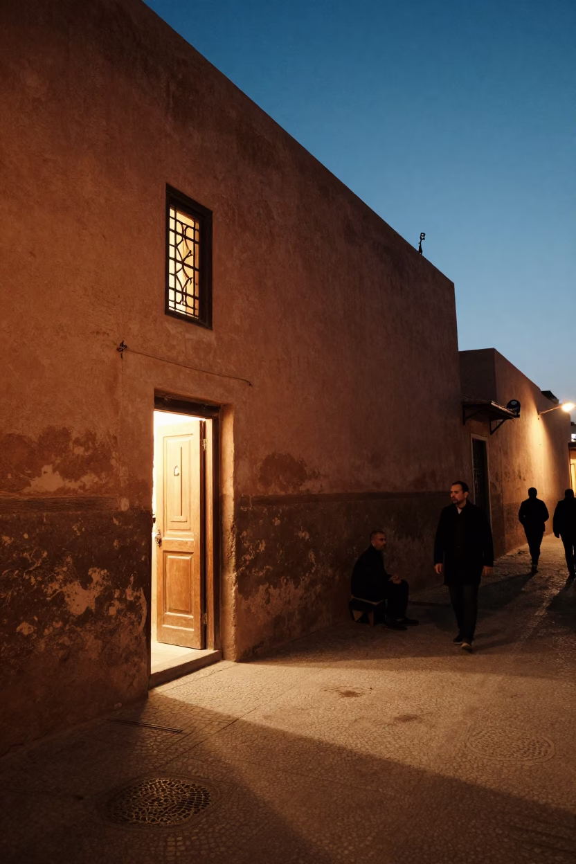 Twilight Street Scene in Marrakech Morocco with Warm Window Light on Traditional Wall in in Marrakech, Morocco