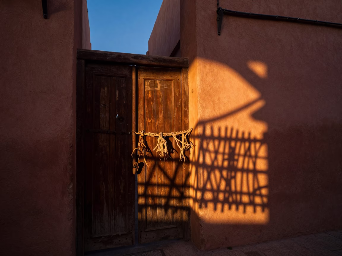 Twilight Street Scene in Marrakech Morocco with Wicker Shadow and Latch Detail in in Marrakech, Morocco