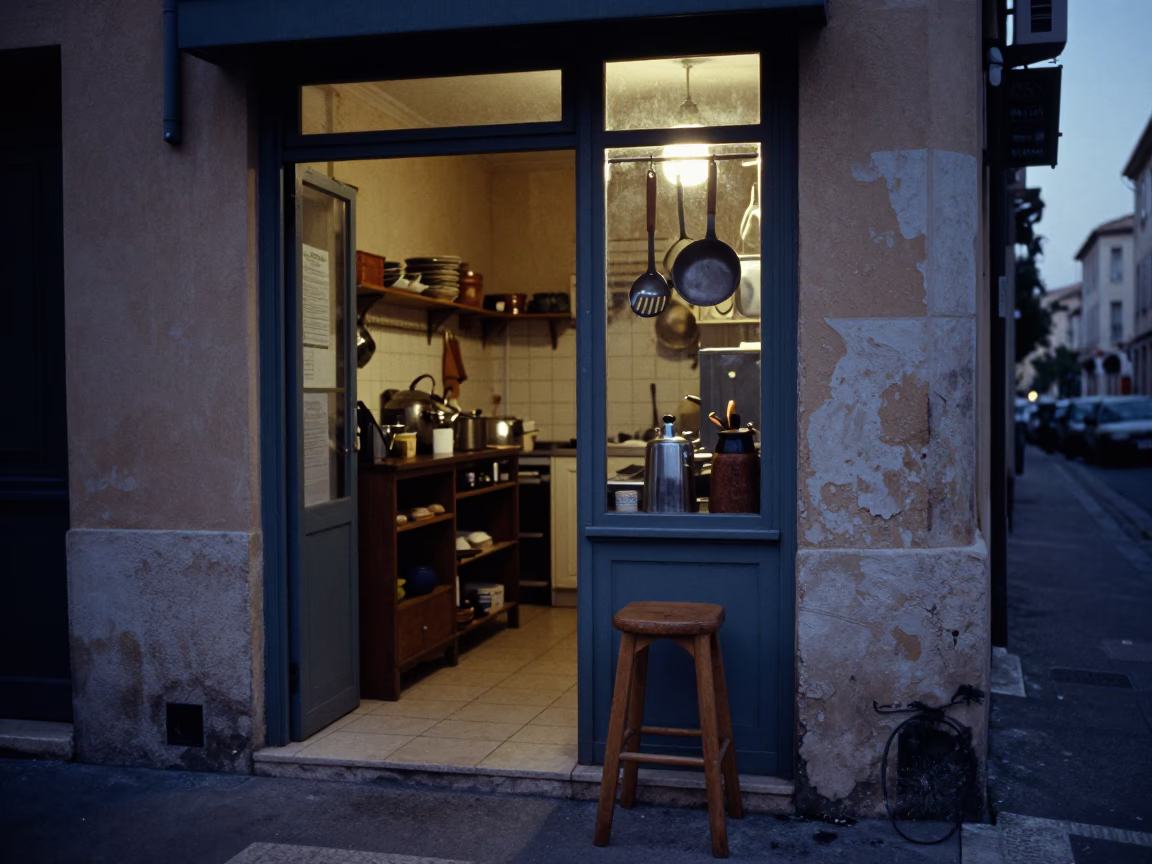 Twilight Street Scene in Marseille France Featuring Kitchen Utensil and Stool in in Marseille, France