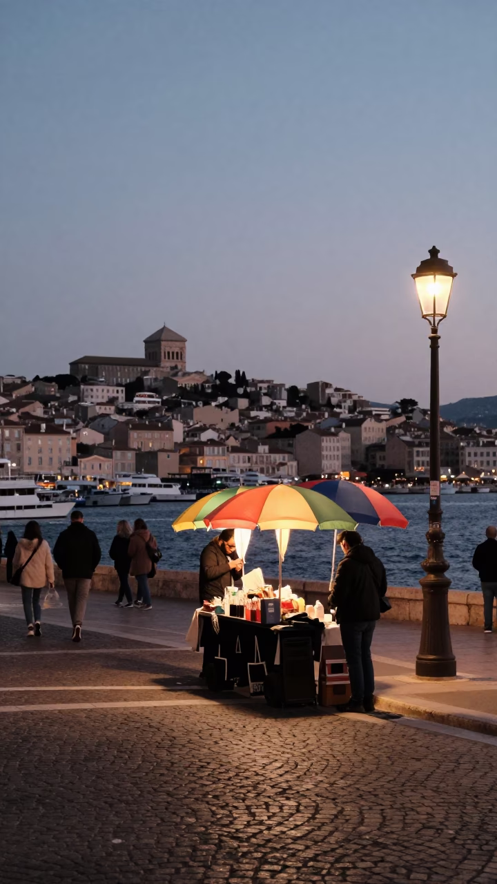Twilight Street Scene in Marseille France with Colorful Umbrellas and Coastal Architecture in in Marseille, France