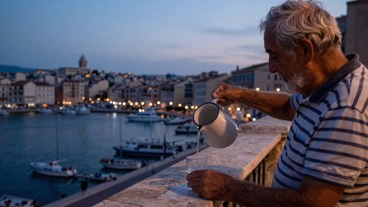 Twilight street scene in Marseille France with enamel pitcher and fishing floats on balcony in in Marseille, France