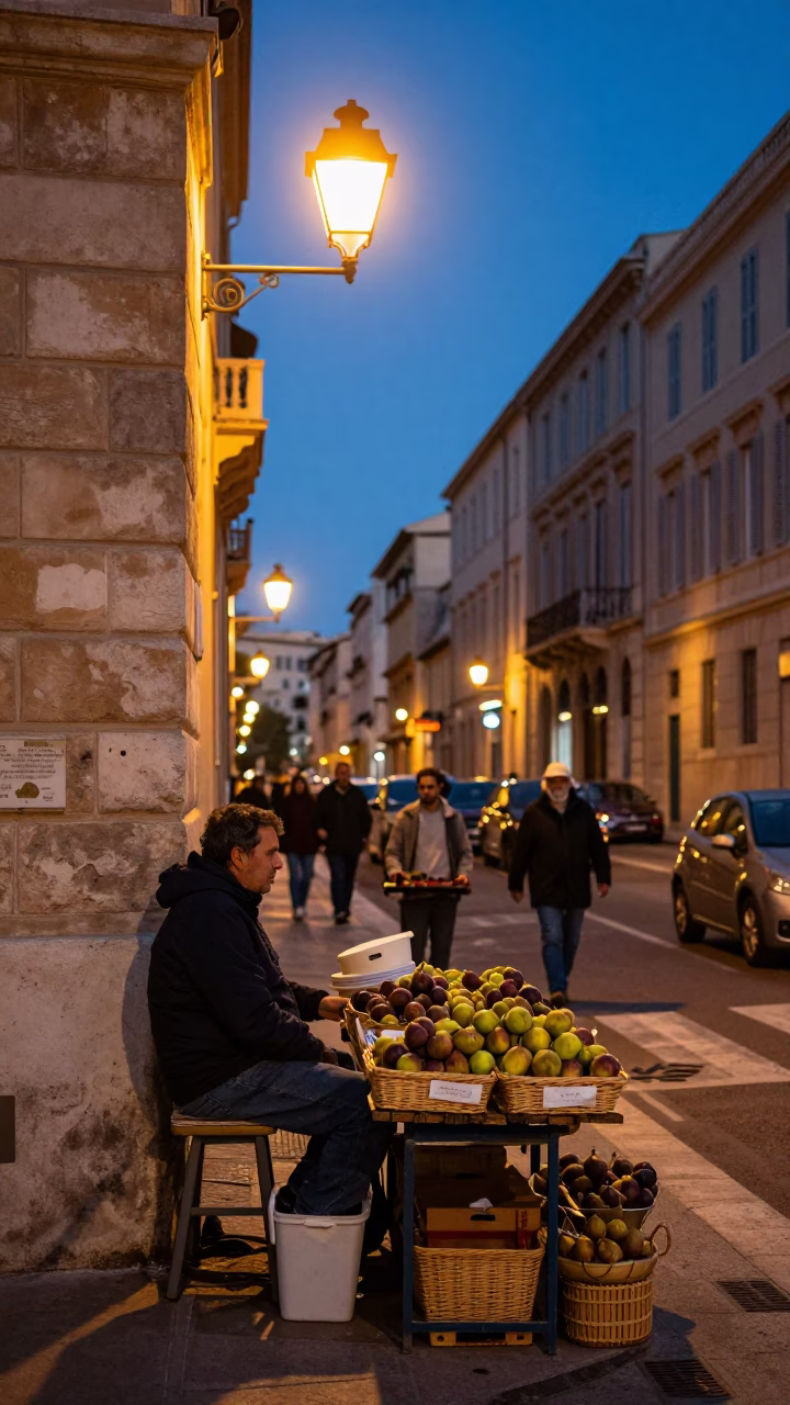 Twilight Street Scene in Marseille France with Local Vendor and Evening Light in in Marseille, France