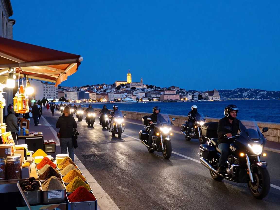 Twilight Street Scene in Marseille France with Motorcycle Convoy on Coastal Highway in in Marseille, France