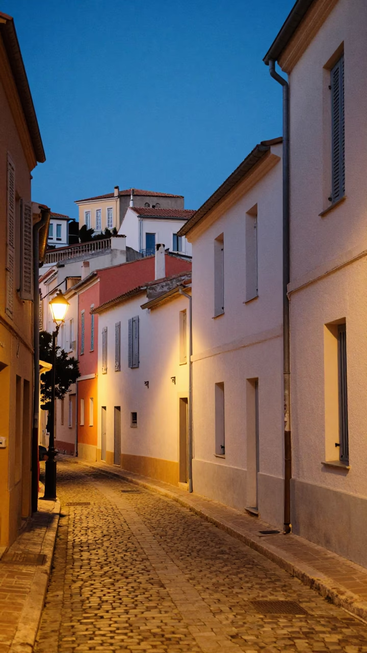 Twilight street scene in Marseille France with narrow alley and colorful laundry in in Marseille, France