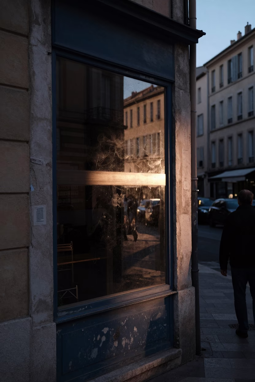 Twilight Street Scene in Marseille France with Sun Stripe Across Window Glass in in Marseille, France