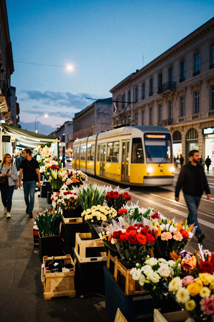 Twilight Street Scene in Marseille France with Tram and Flower Market Vendors in in Marseille, France
