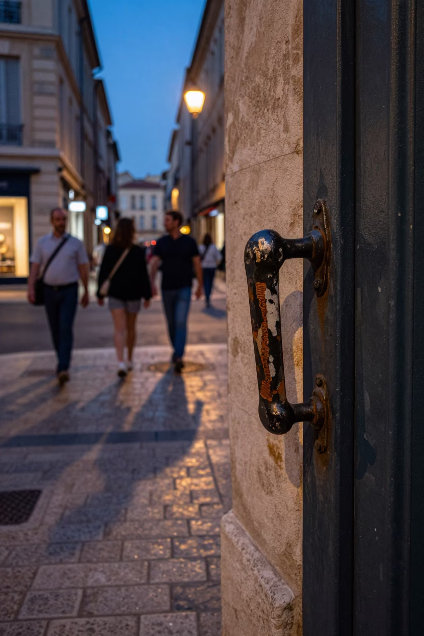 Twilight street scene in Marseille France with vintage door handle and colorful café items in in Marseille, France