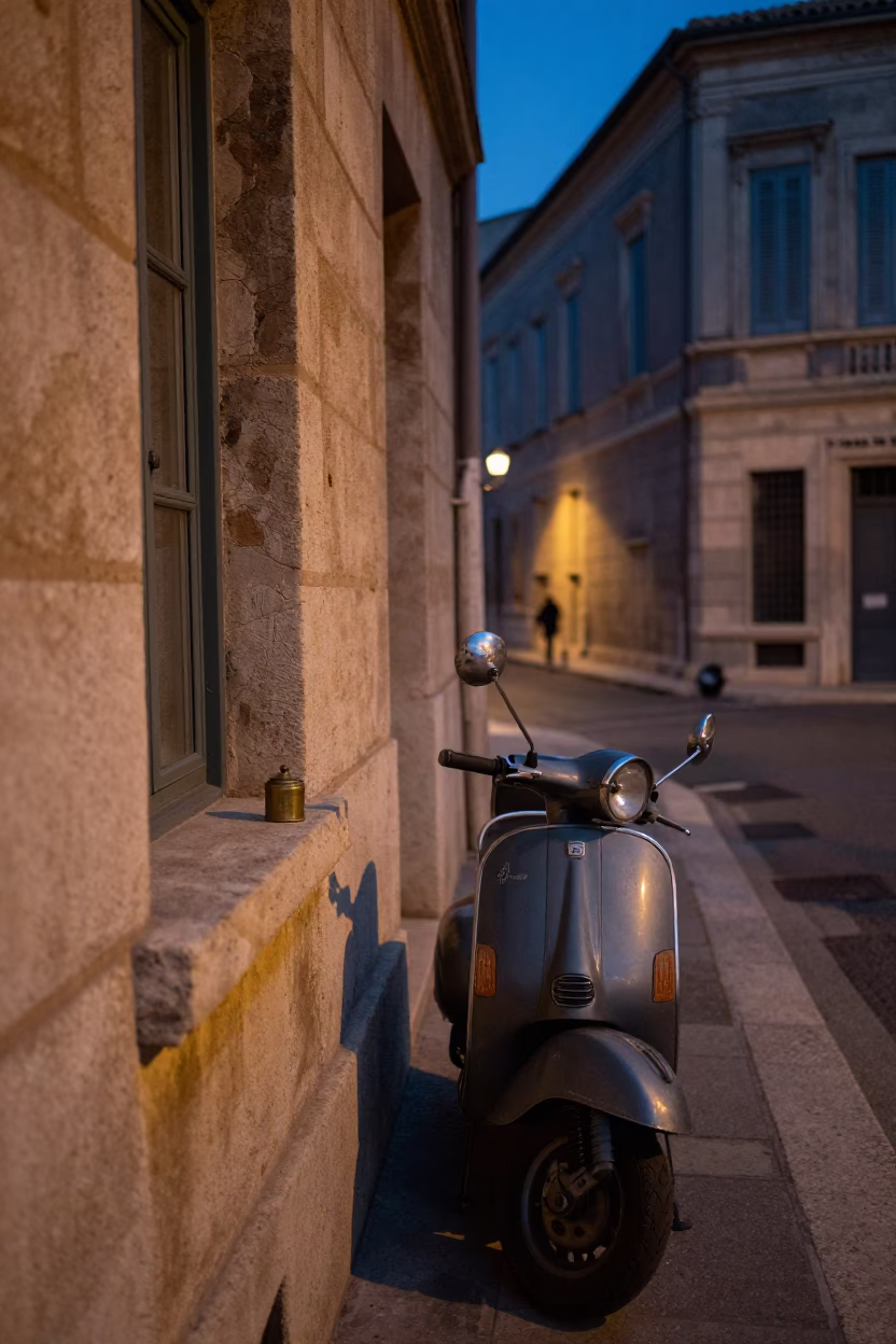 Twilight street scene in Marseille France with vintage scooter and historic architecture in in Marseille, France