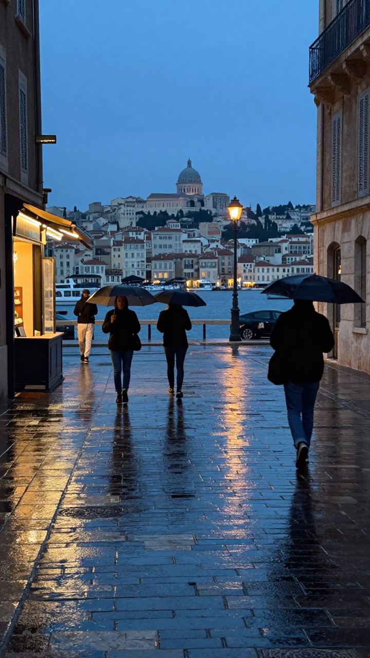 Twilight street scene in Marseille France with wet flagstones and distant traffic lights in in Marseille, France
