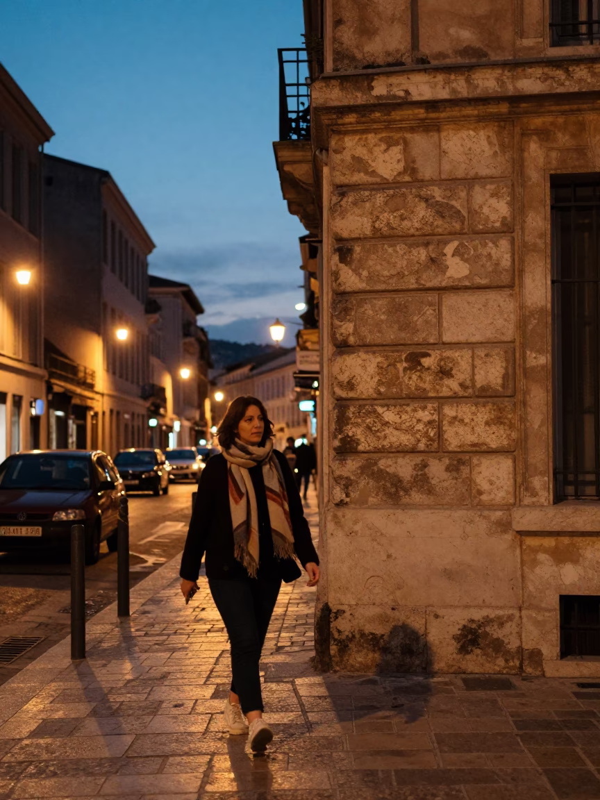 Twilight Street Scene in Marseille France with Woman Wearing a Scarf in in Marseille, France
