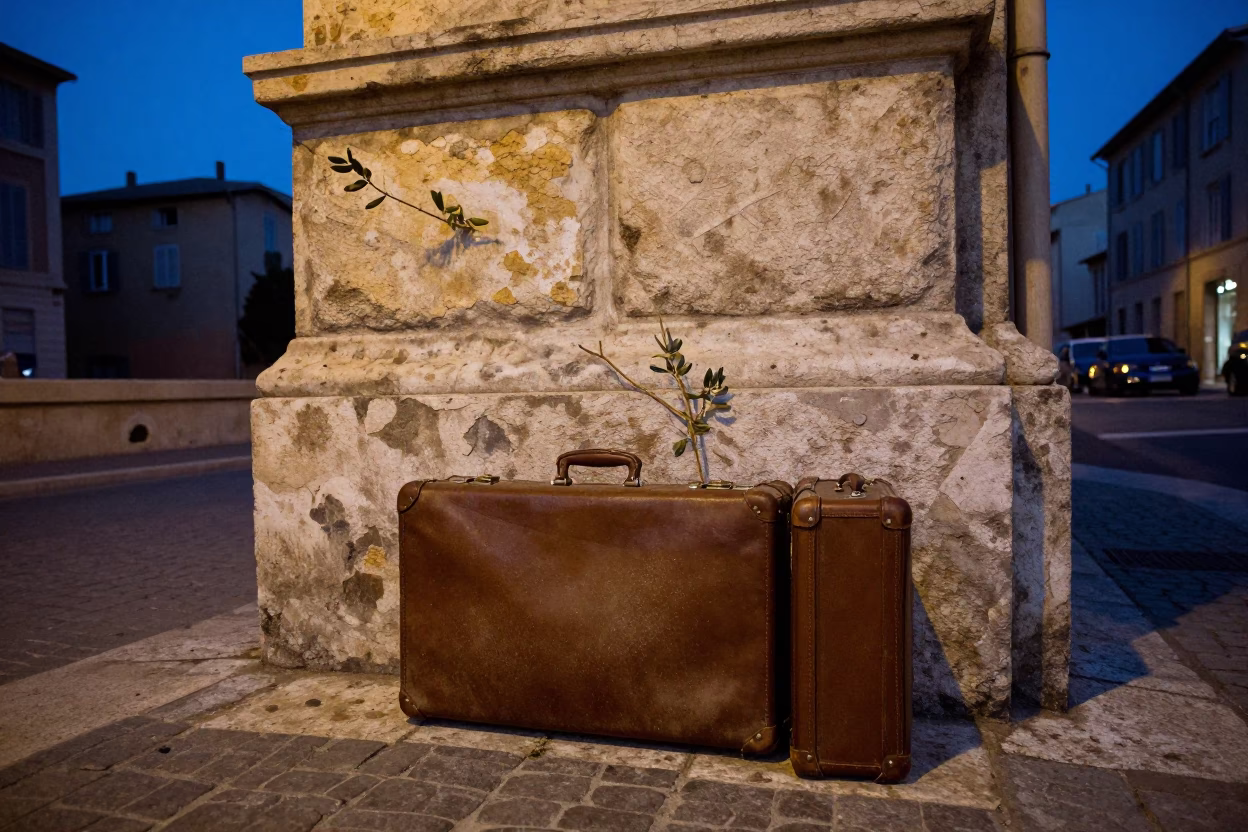 Twilight Street Scene in Marseille with Olive Branch and Suitcases in in Marseille, France