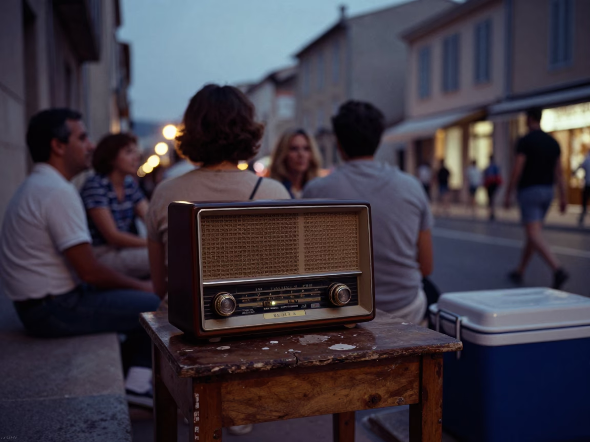 Twilight Street Scene in Marseille with Vintage Radio and Cooler Jug in in Marseille, France