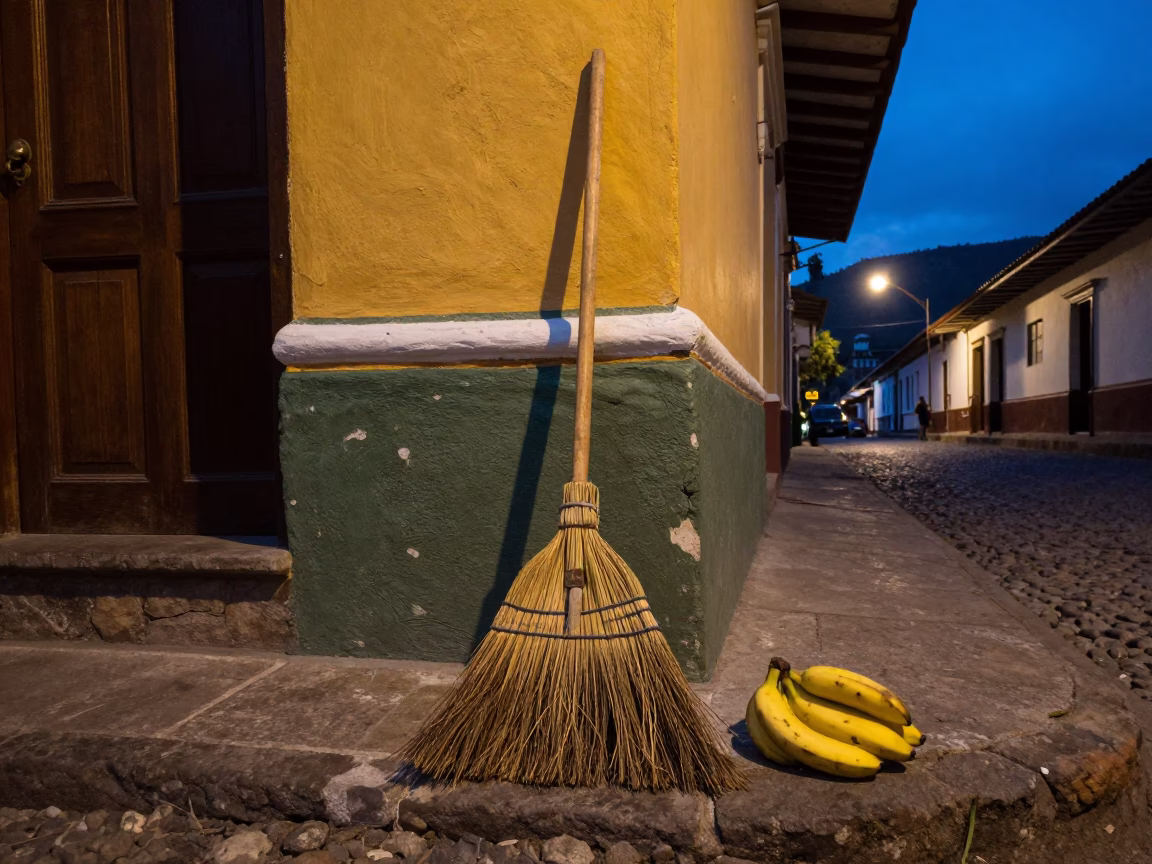 Twilight Street Scene in Medellin Colombia with Broom and Bananas on Cobblestone in in Medellin, Colombia