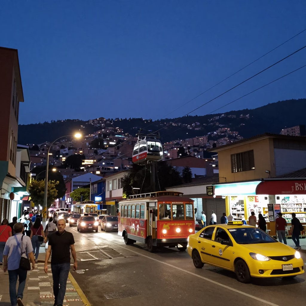 Twilight Street Scene in Medellin Colombia with Cable Car and Busy Traffic in in Medellin, Colombia