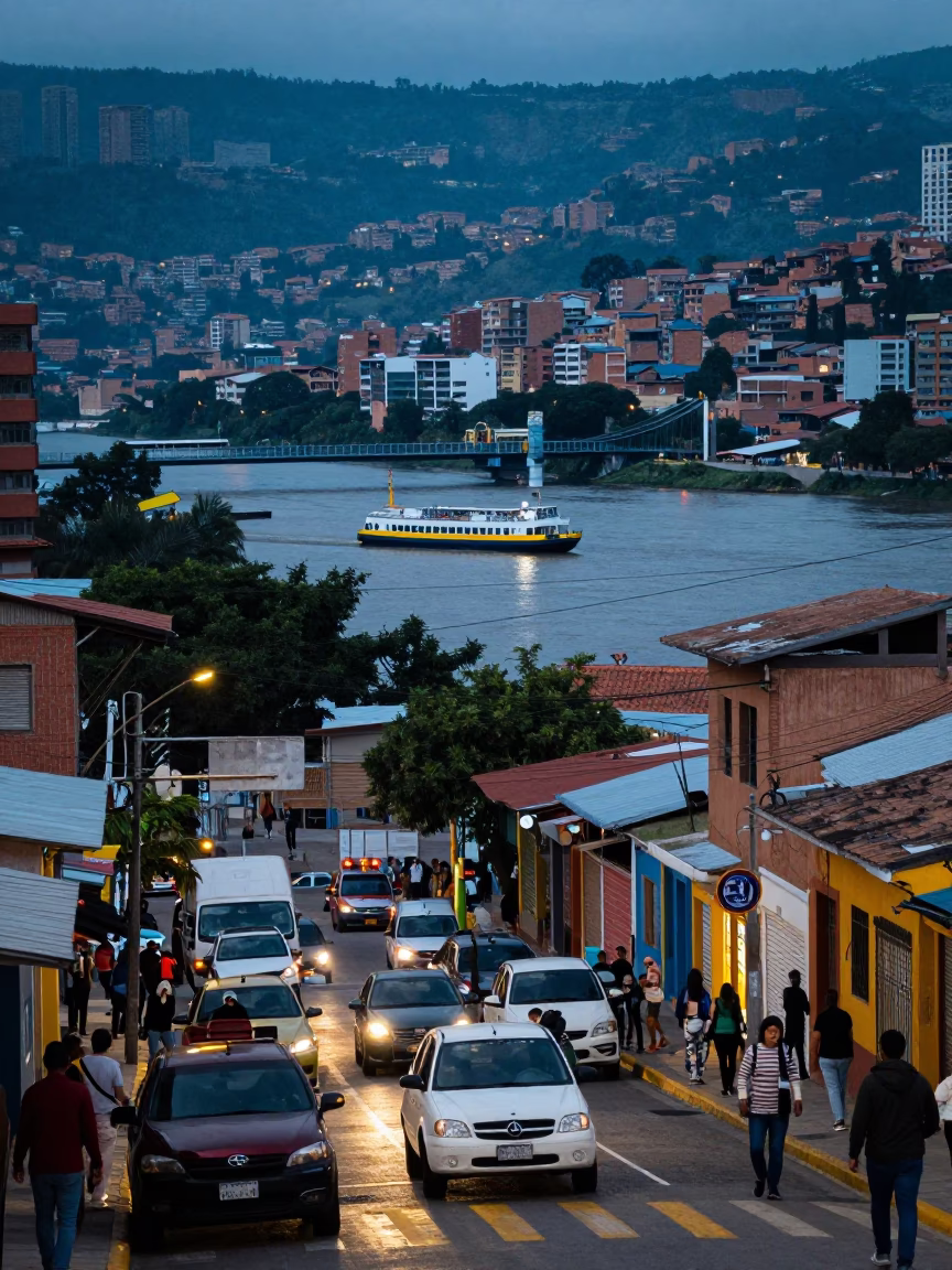 Twilight Street Scene in Medellin Colombia with Chain Ferry and Ceramic Plate in in Medellin, Colombia
