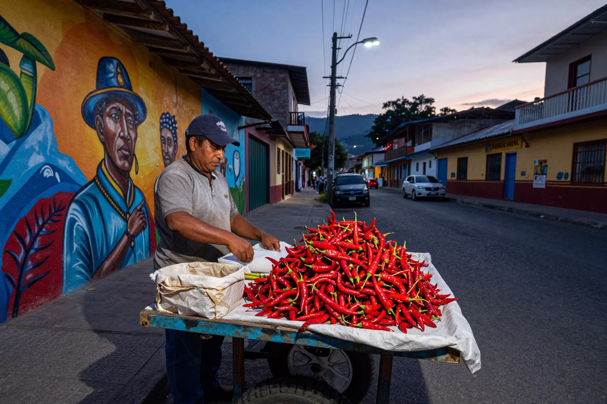 Twilight Street Scene in Medellin Colombia with Chili Peppers and Local Market Ambiance in in Medellin, Colombia