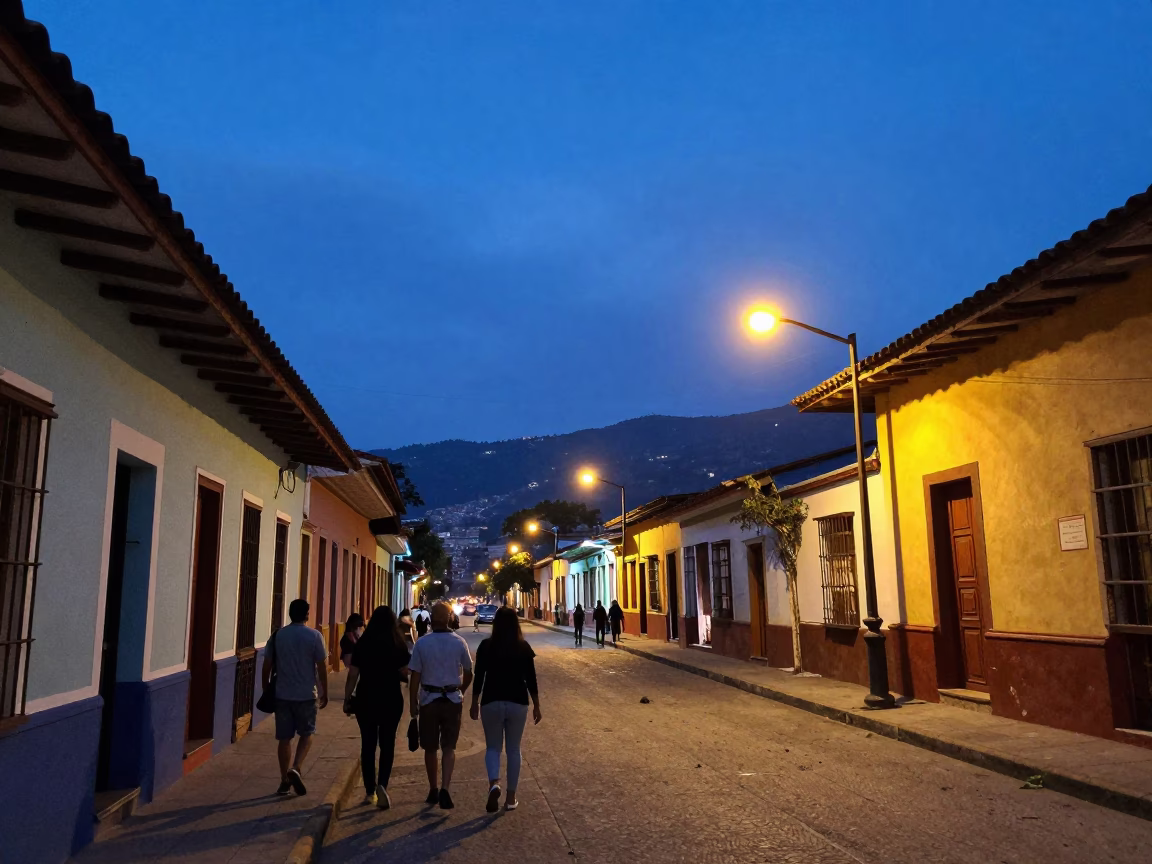 Twilight Street Scene in Medellin Colombia with Colorful Architecture and Local Life in in Medellin, Colombia