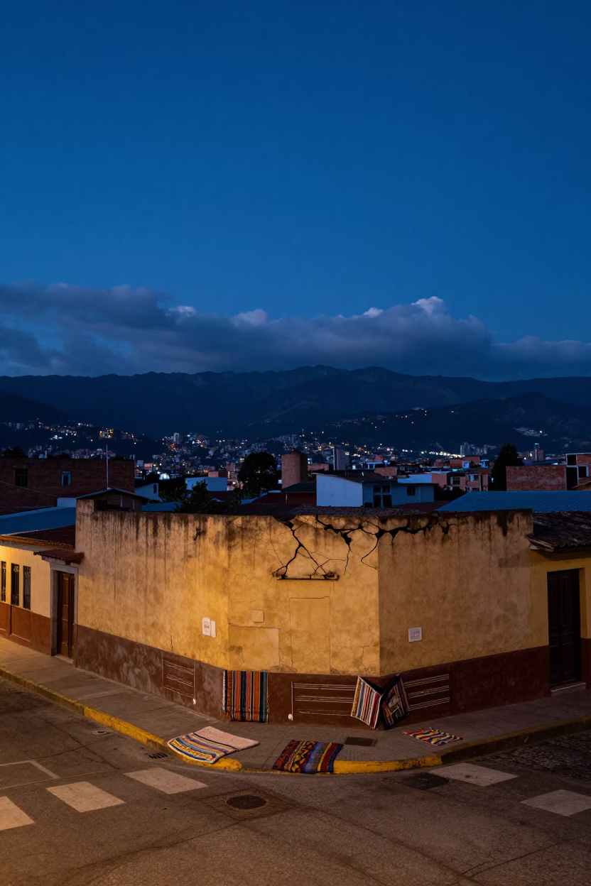 Twilight Street Scene in Medellin Colombia with Cracked Stucco and Blankets in in Medellin, Colombia