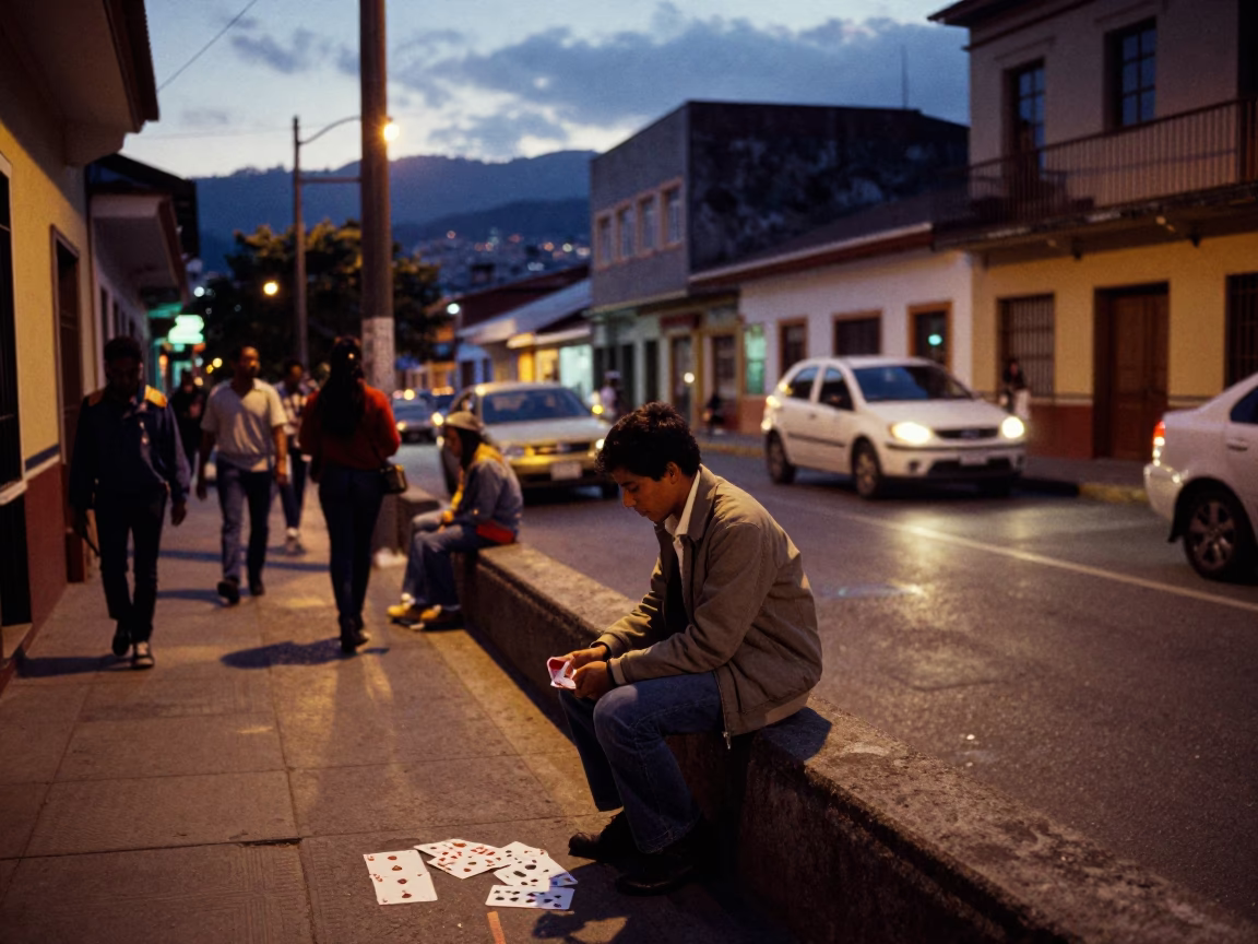 Twilight Street Scene in Medellin Colombia with Deck of Cards in in Medellin, Colombia