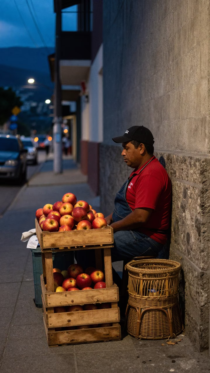 Twilight Street Scene in Medellin Colombia with Fruit Crate and Rattan Chair in in Medellin, Colombia