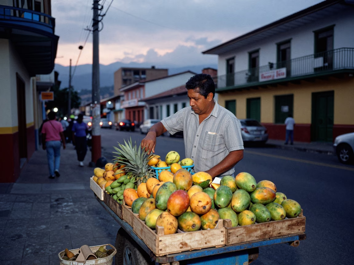 Twilight street scene in Medellin Colombia with fruit vendor and casual pedestrians in in Medellin, Colombia