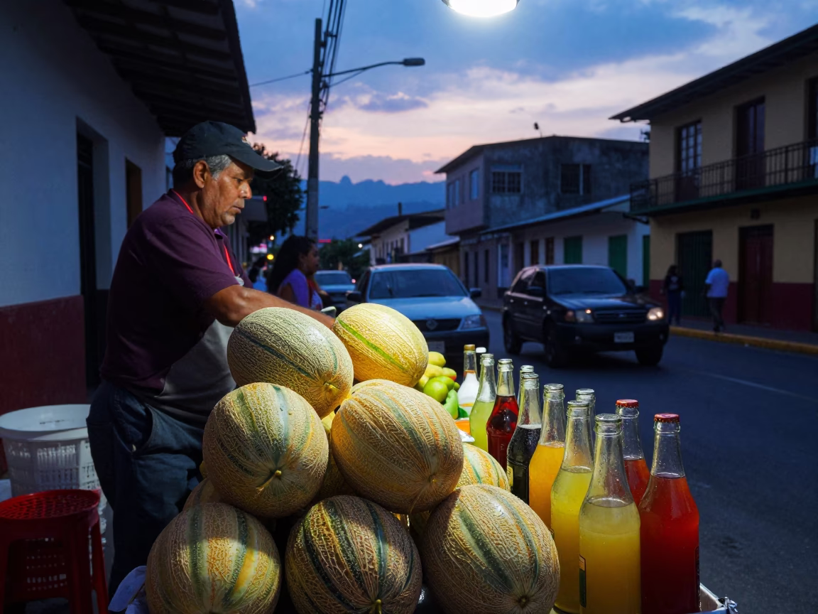 Twilight Street Scene in Medellin Colombia with Fruit Vendor and Condensation in in Medellin, Colombia