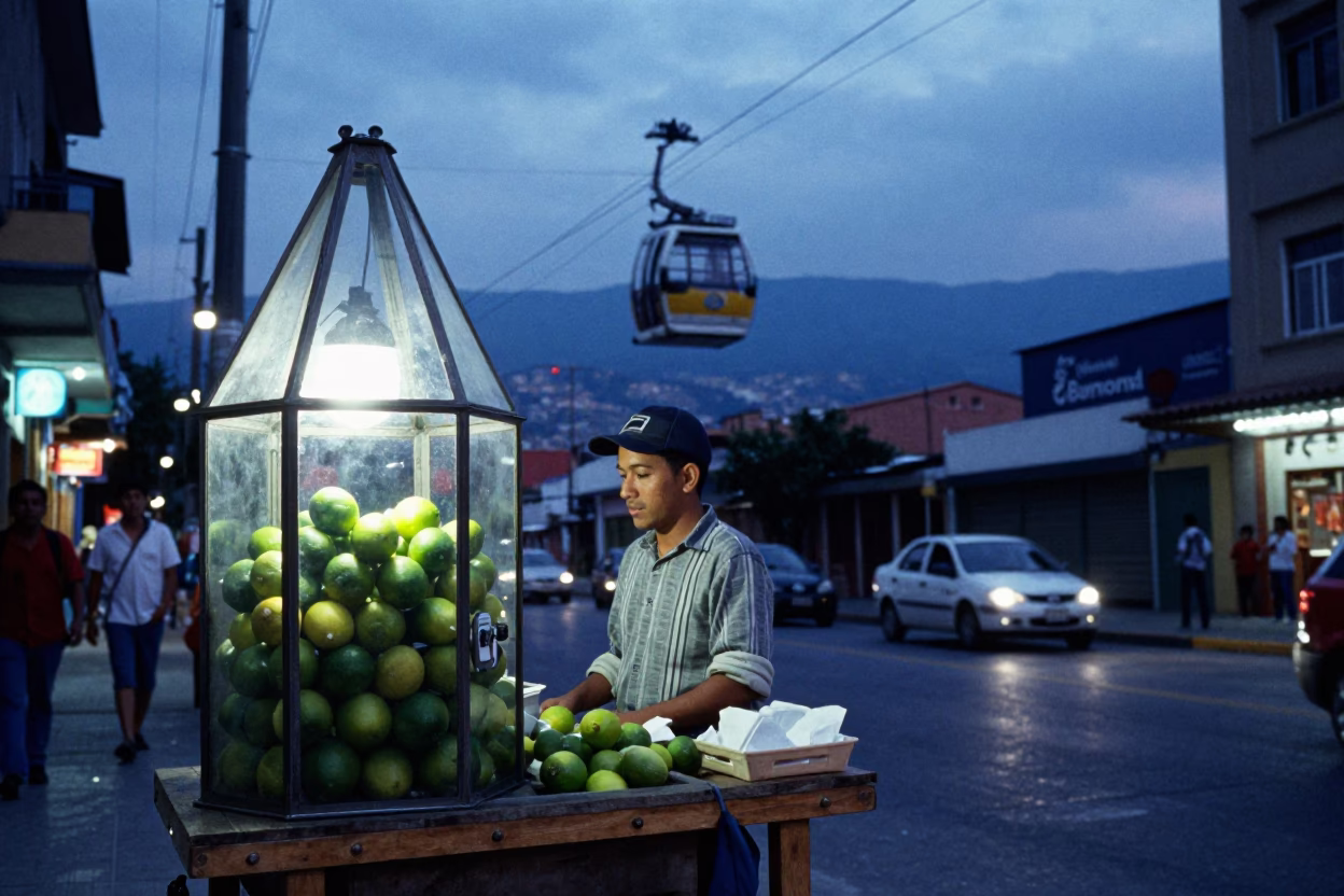 Twilight Street Scene in Medellin Colombia with Glass Terrarium and Lime Bowl in in Medellin, Colombia