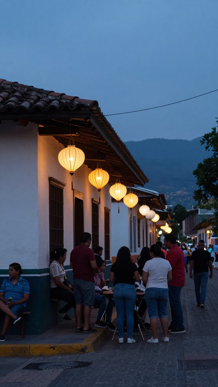 Twilight Street Scene in Medellin Colombia with Lanterns and Local Life in in Medellin, Colombia