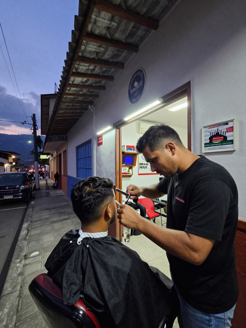 Twilight Street Scene in Medellin Colombia with Local Barber and Shop Details in in Medellin, Colombia