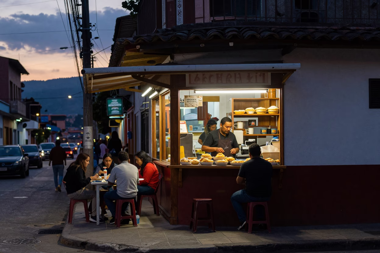 Twilight Street Scene in Medellin Colombia with Local Dining and Urban Details in in Medellin, Colombia