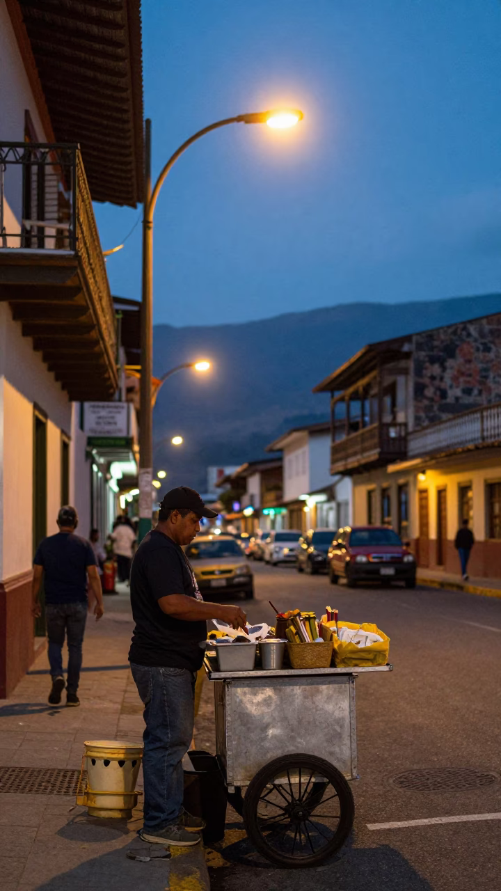 Twilight Street Scene in Medellin Colombia with Local Food and Vintage Charm in in Medellin, Colombia