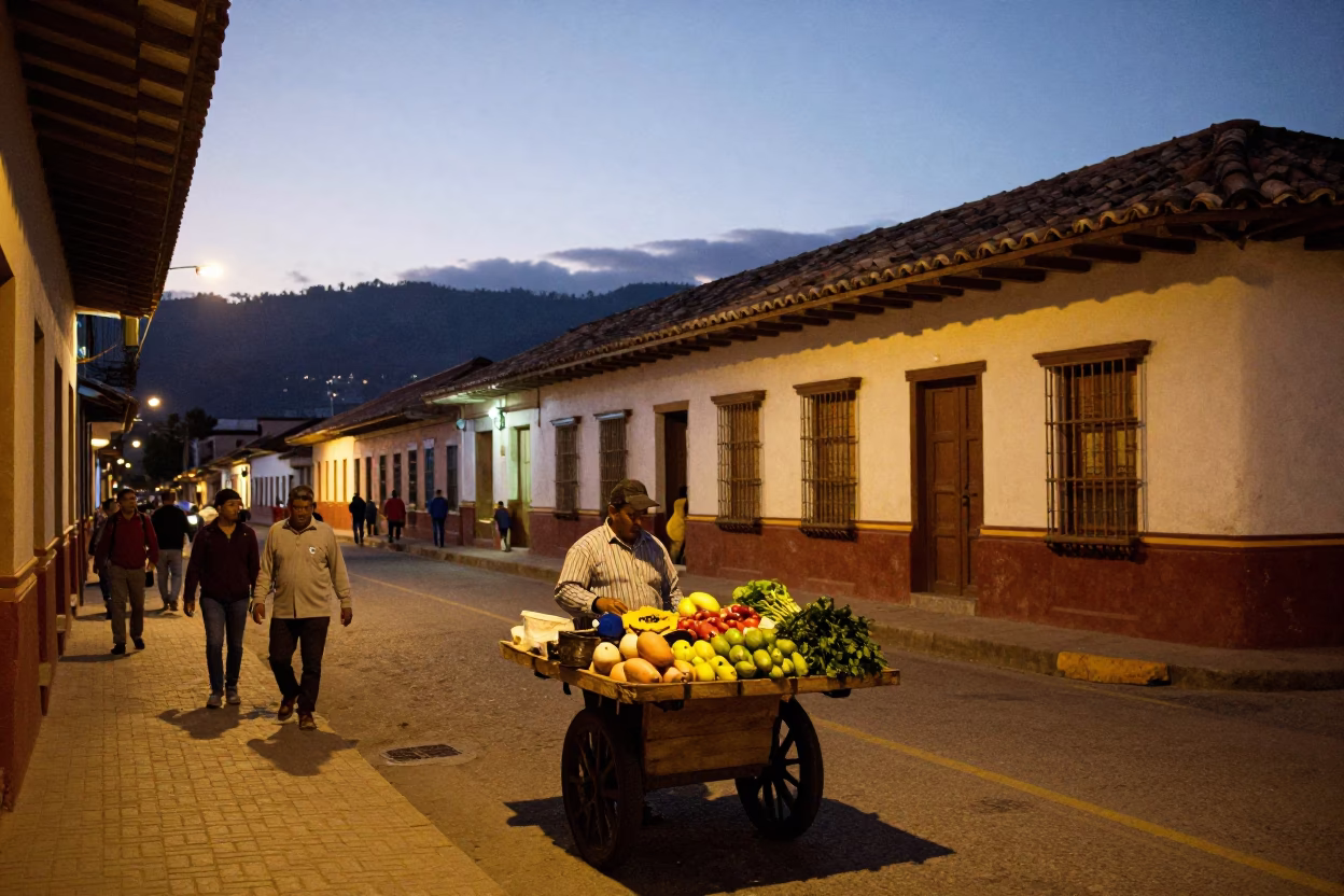 Twilight Street Scene in Medellin Colombia with Local Vendor and Traditional Coffee in in Medellin, Colombia