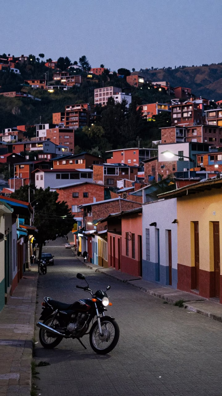 Twilight Street Scene in Medellin Colombia with Motorcycle and Urban Architecture in in Medellin, Colombia