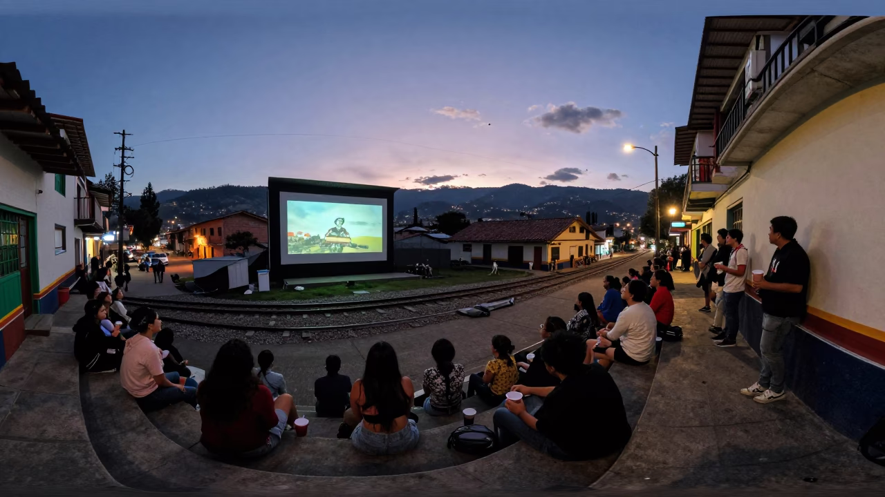 Twilight Street Scene in Medellin Colombia with Outdoor Cinema and Railway Viaduct in in Medellin, Colombia