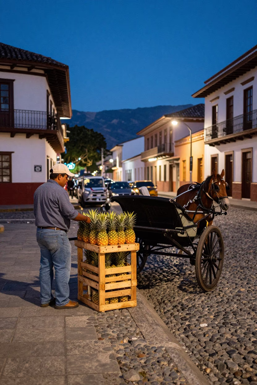 Twilight Street Scene in Medellin Colombia with Pineapple Vendor and Cobblestone Plaza in in Medellin, Colombia