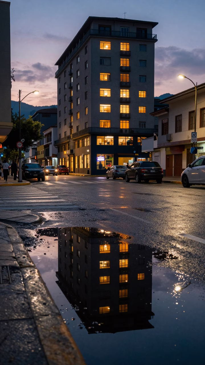 Twilight street scene in Medellin Colombia with puddle reflecting hotel windows and tail lights in in Medellin, Colombia