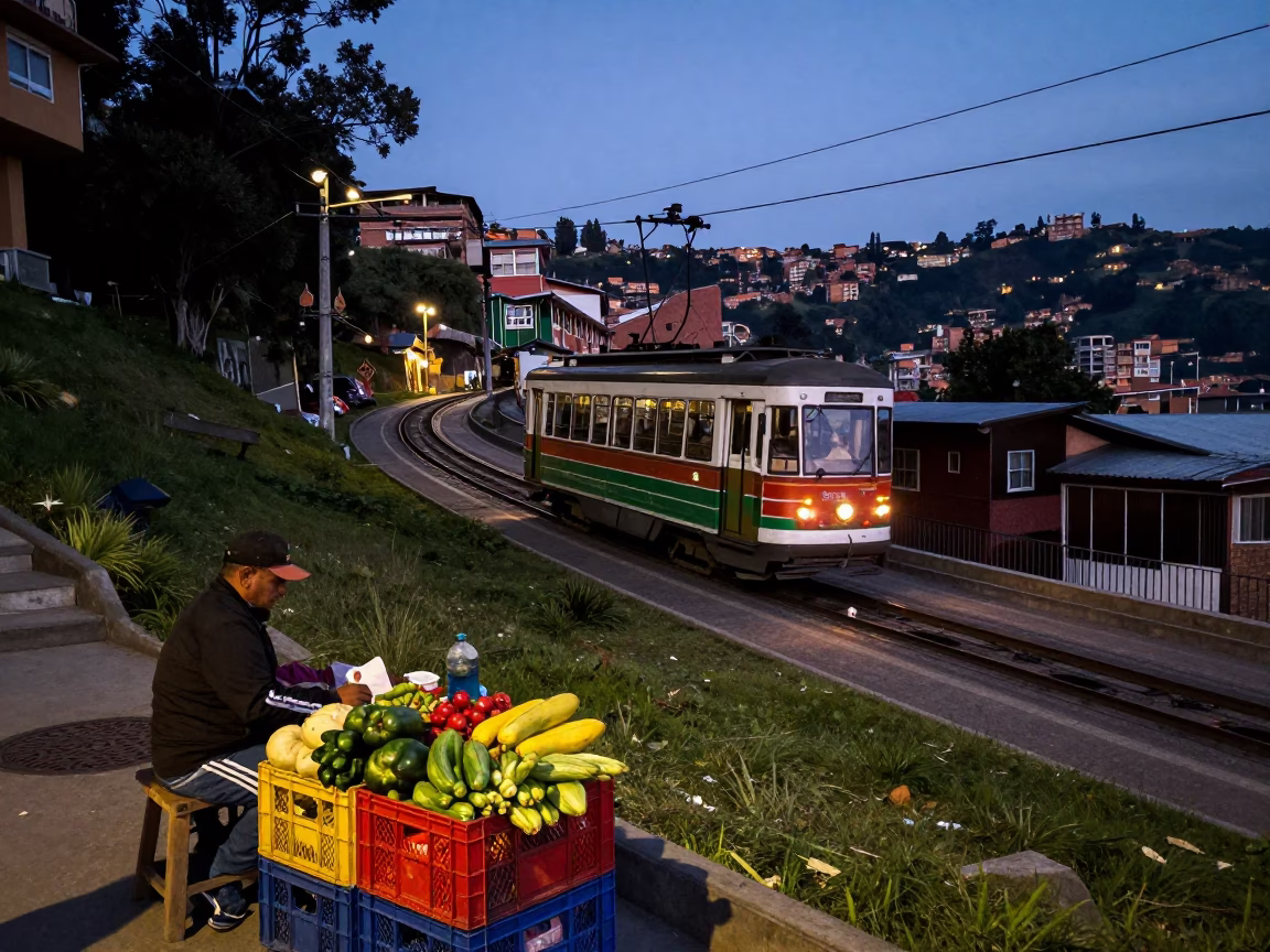 Twilight Street Scene in Medellin Colombia with Tram and Colorful Crates in in Medellin, Colombia