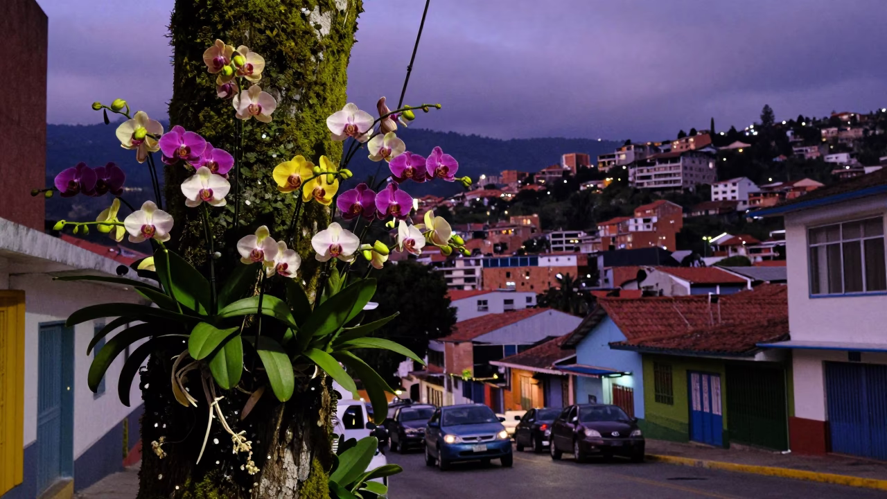 Twilight Street Scene in Medellin Colombia with Tropical Orchids and Urban River Drainage in in Medellin, Colombia