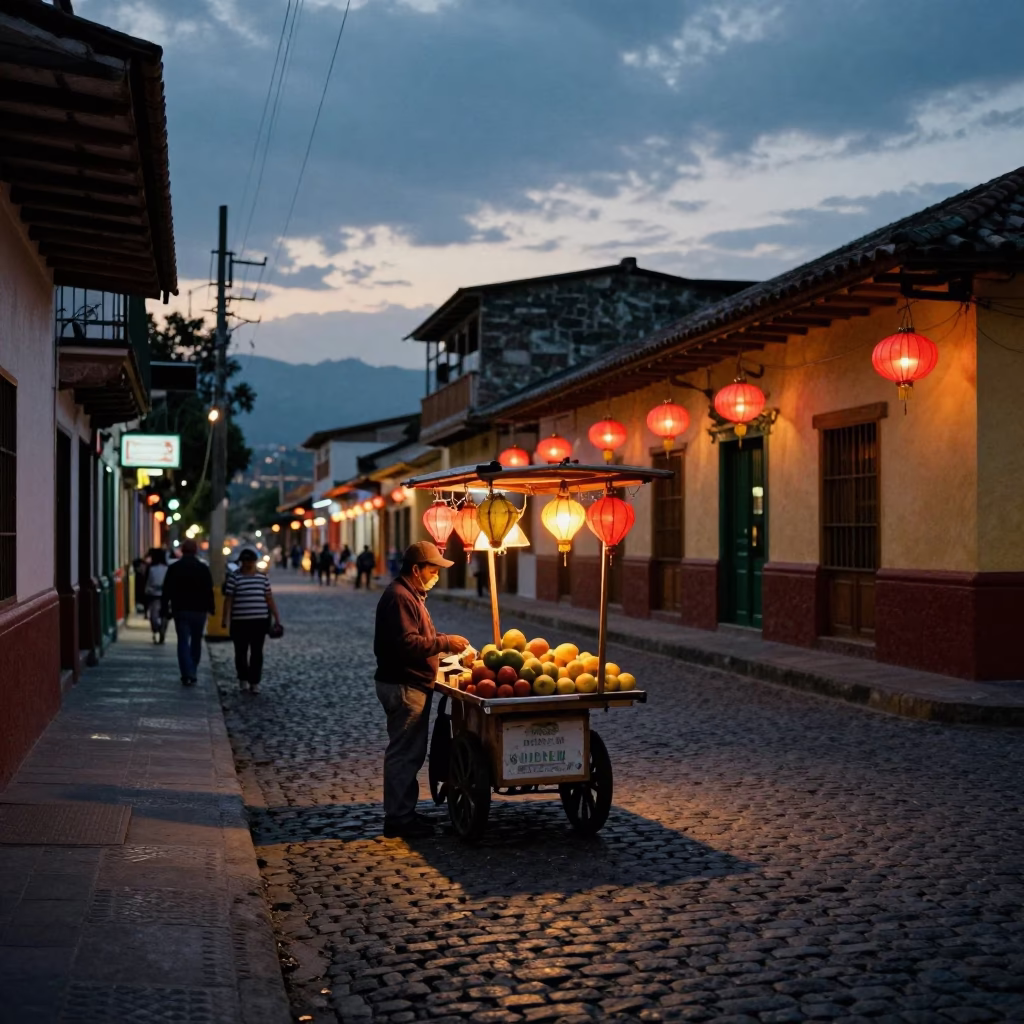 Twilight Street Scene in Medellin Colombia with Vendor and Lanterns in in Medellin, Colombia