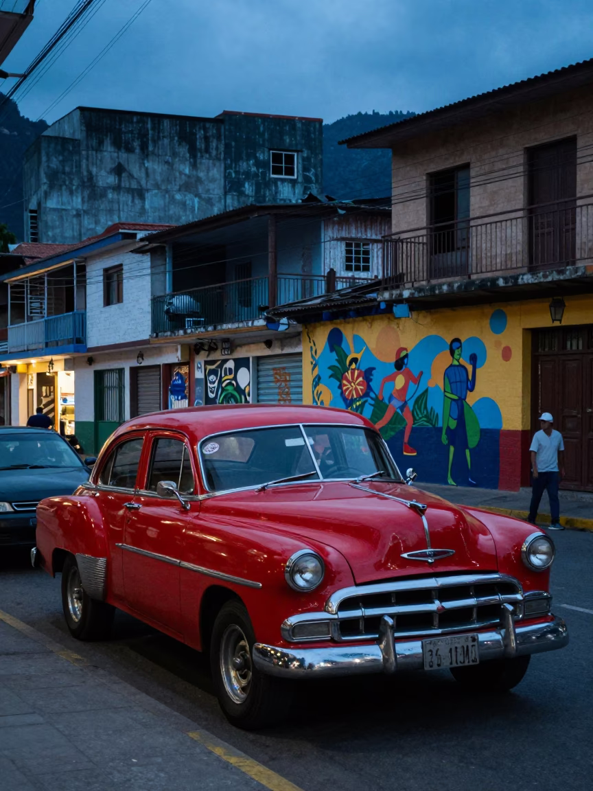 Twilight street scene in Medellin Colombia with vintage car and local interaction in in Medellin, Colombia