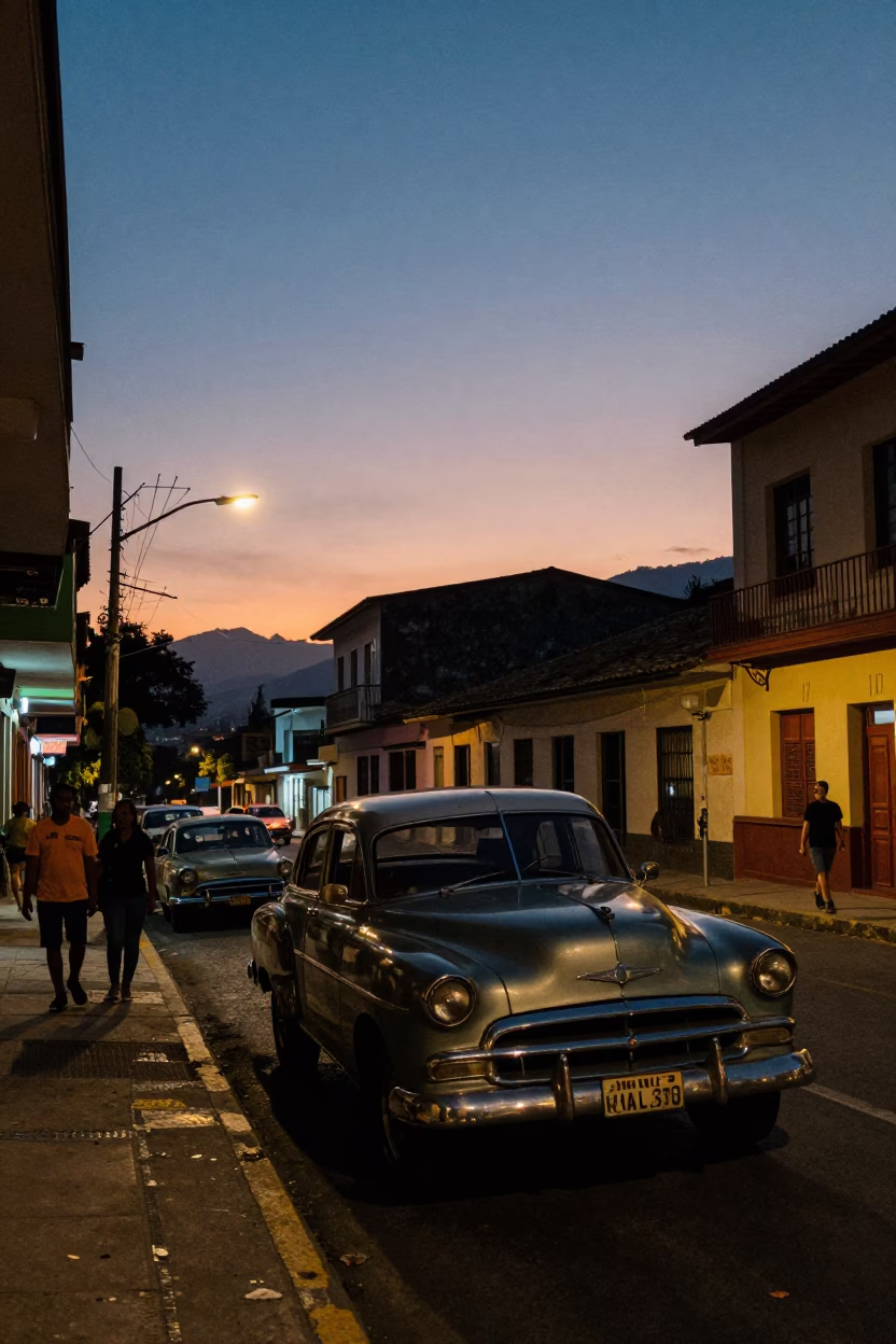 Twilight Street Scene in Medellin Colombia with Vintage Car and Urban Landscape in in Medellin, Colombia
