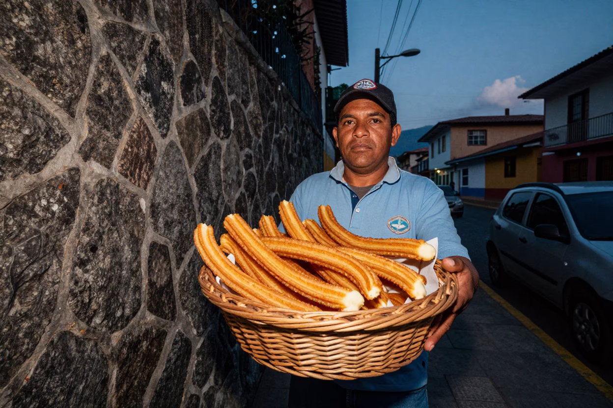 Twilight Street Scene in Medellin Colombia with Wicker Basket and Churros in in Medellin, Colombia