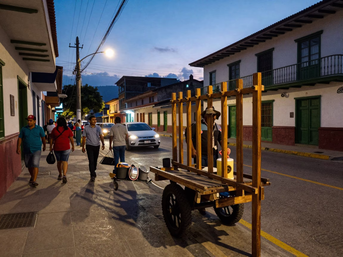 Twilight Street Scene in Medellin Colombia with Wooden Peg Rails and Vintage Bottle Openers in in Medellin, Colombia